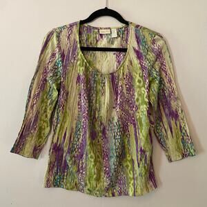 Chico's Green Purple Abstract 3/4 Sleeve Blouse Women's size 1 / Medium / 8
